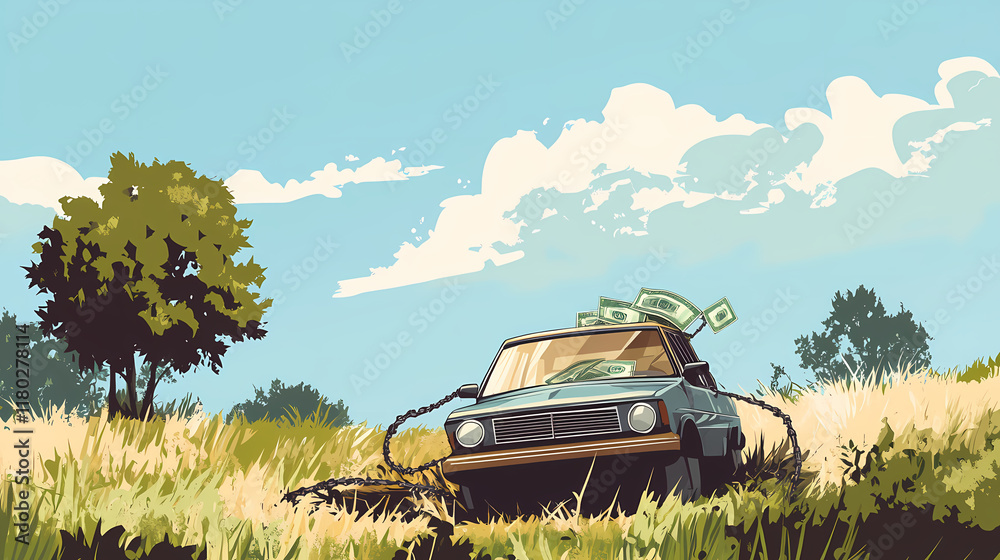 Fototapeta premium Car with money in bear trap. Meadowfall. Illustration