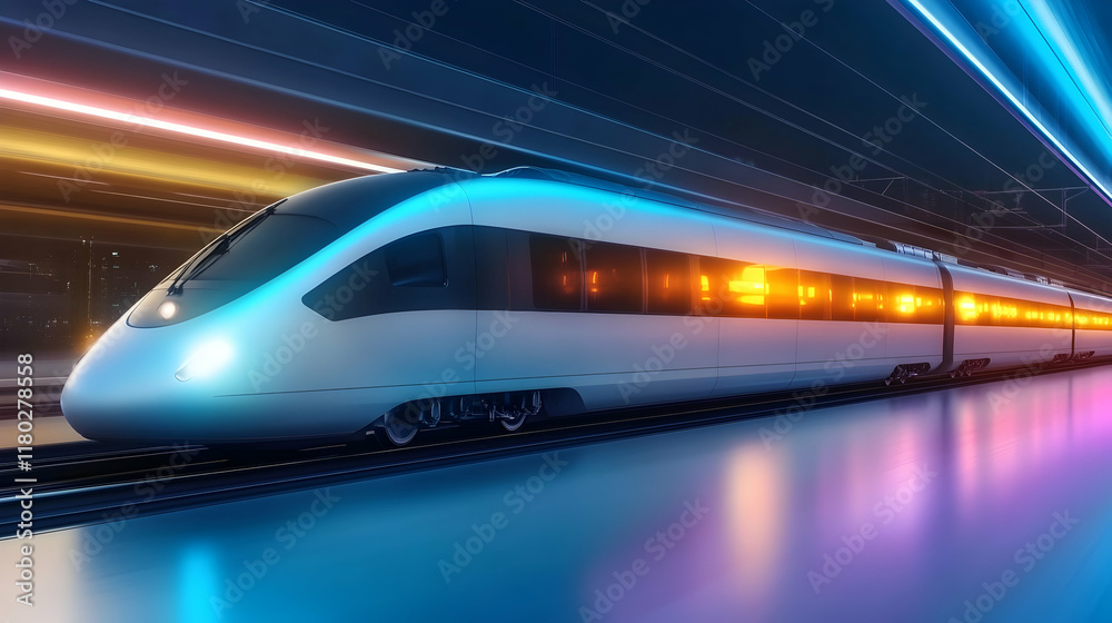 Futuristic high-speed train speeding through neon-lit tunnel at night; urban background; for transportation or technology advertising. Futuristic high-speed train speeding through neon-lit tunnel at night; urban background; for transportation or technology advertising.