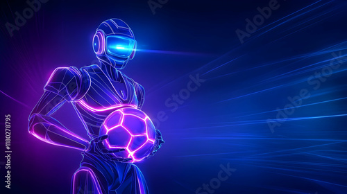Wallpaper Mural Futuristic robot soccer player holding ball, neon background, digital art, for sports tech advertisement. Torontodigital.ca