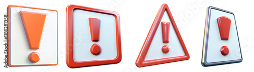 Set of 3d warning sign with an exclamation mark on transparent background PNG