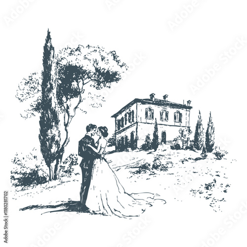 Hand drawn Italian style vintage wedding couple