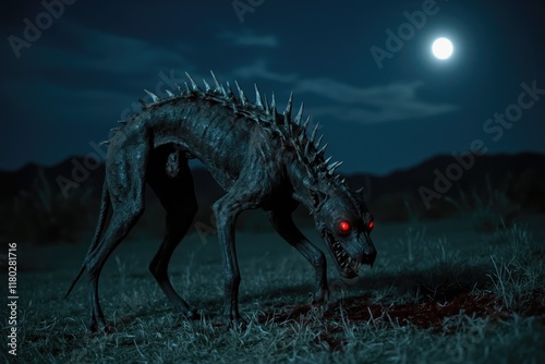 Sinister Chupacabra creature under a full moon in eerie landscape