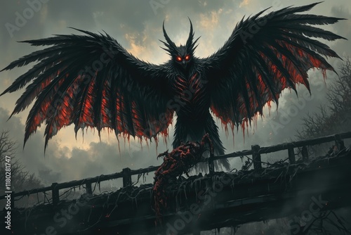 Mystical Mothman creature with glowing red eyes and fiery wings on a dark bridge