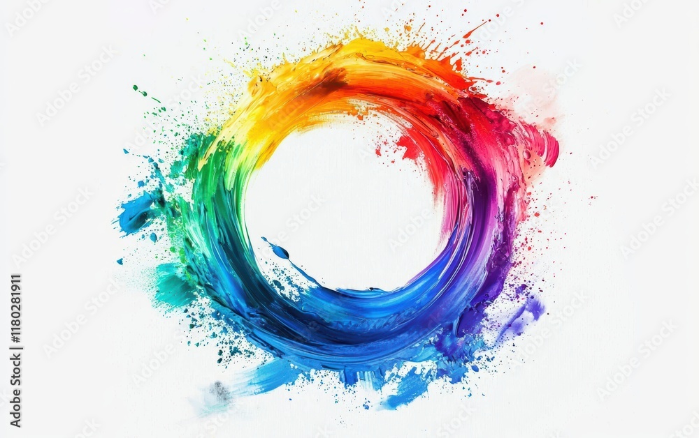 A circular rainbow splash effect with artistic paint strokes on a clean white background A circular rainbow splash effect with artistic paint strokes on a clean white background