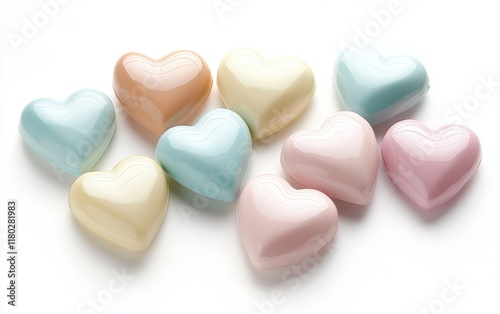 A clean white background with large pastel-colored hearts overlapping gently for Saint Valentines Day