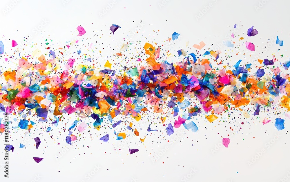 A cloud of colorful confetti fragments frozen in motion against a bright white background A cloud of colorful confetti fragments frozen in motion against a bright white background