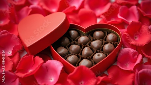 A heart-shaped box of chocolates surrounded by vibrant red rose petals, symbolizing love, romance, and Valentine's Day, perfect for gifting or celebrations.