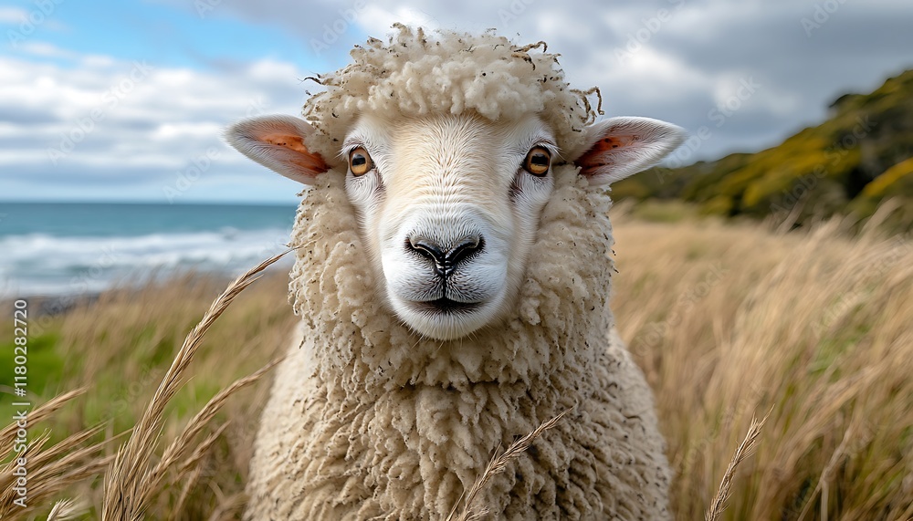 Obraz premium A close-up of a sheep in a grassy field near the ocean under a cloudy sky.