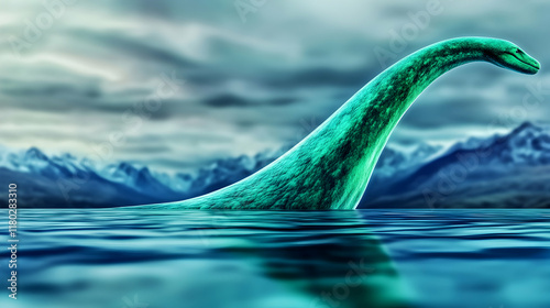 Loch Ness Monster mythical creature emerging from water, dramatic mountain backdrop, mystery legend illustration, ideal for fantasy books, websites. photo