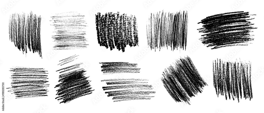 Set of black charcoal and pencil hatchings on rough textured granulated white paper. Vector illustration of brushes, textured spots, hand drawn in sweeping handwriting of varying density.