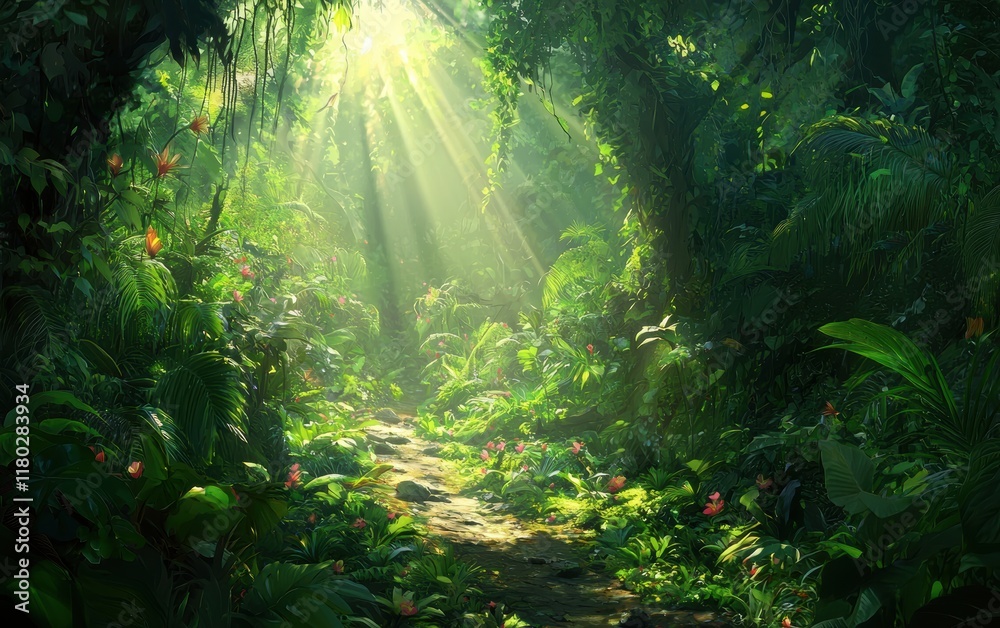 Obraz premium A dense jungle with sunlight streaming through the thick canopy, illuminating vibrant green plants