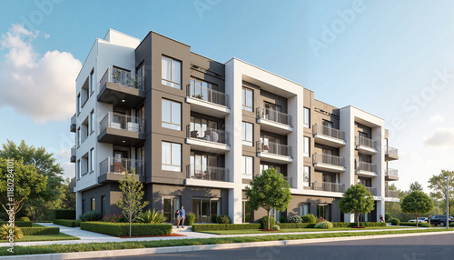 Modern apartment building with lush greenery