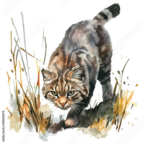 A watercolor drawing of a wildcat prowling the forest floor, isolated on a white background. Wildlife vector.
