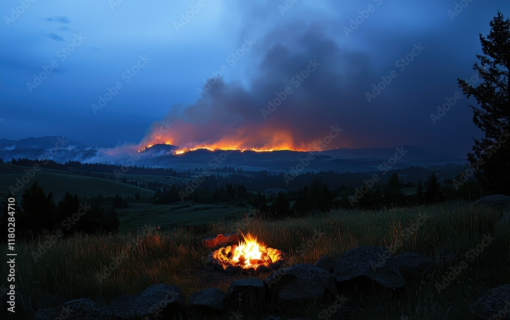 Fototapeta premium A glowing campfire in the foreground with an ominous wildfire visible in the distance