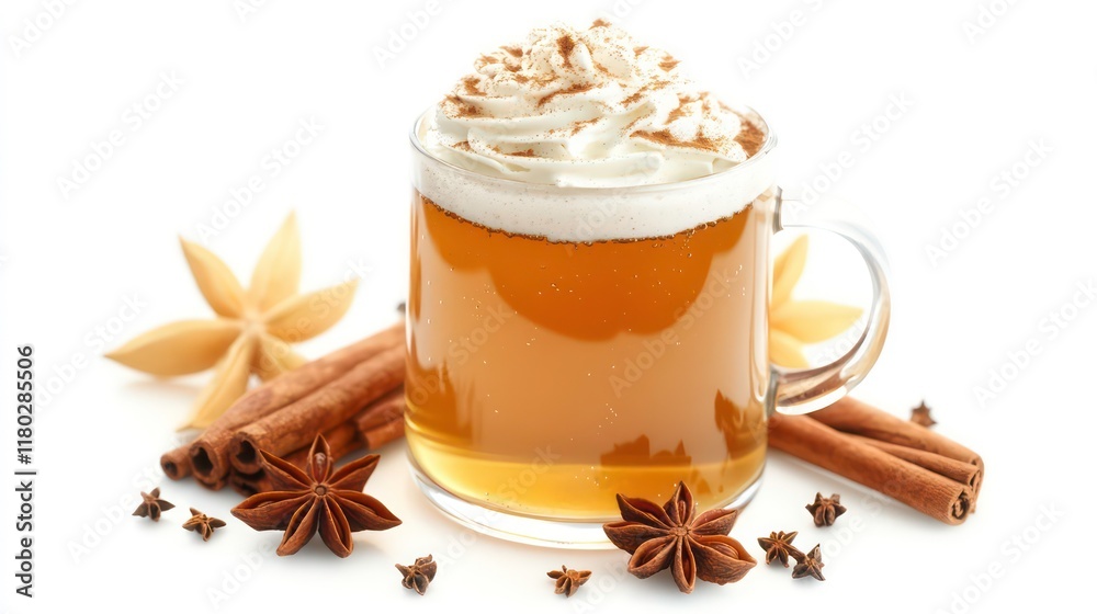 Delicious hot beverage topped with whipped cream, cinnamon, and star anise, perfect for cozy winter days. Isolated on white. Delicious hot beverage topped with whipped cream, cinnamon, and star anise, perfect for cozy winter days. Isolated on white.