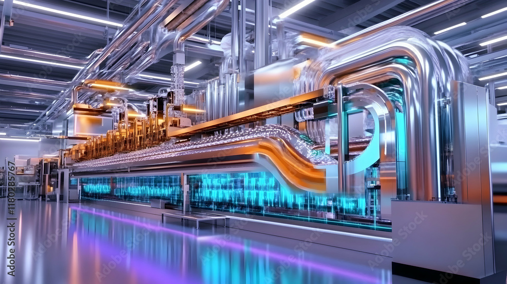 Modern automated factory production line; bottles moving along conveyor belt; industrial facility; background shows more machinery and pipes; for industrial manufacturing or technology reports. Modern automated factory production line; bottles moving along conveyor belt; industrial facility; background shows more machinery and pipes; for industrial manufacturing or technology reports.