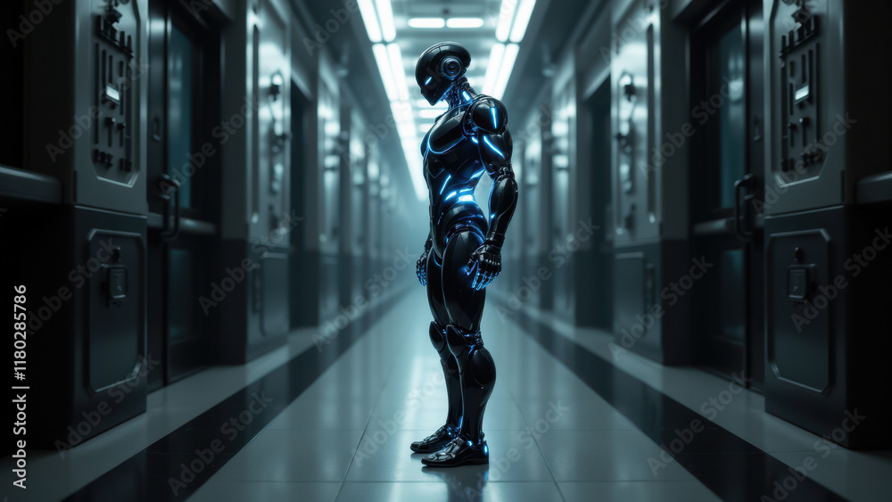 Fototapeta premium Intelligent robot standing on hallway.