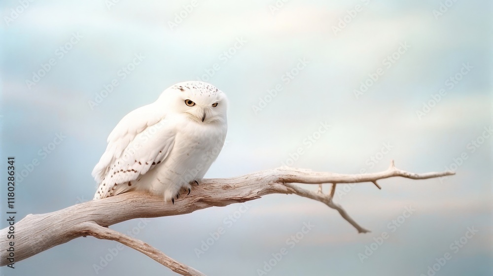 A snowy owl perches elegantly on a barren branch against a pale winter sky, exuding grace and wisdom.