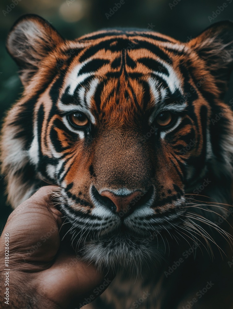 Naklejka premium Person holding tiger's face