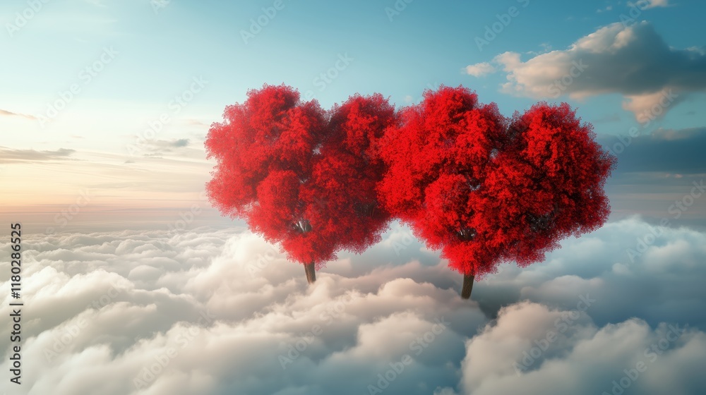 Naklejka premium Dwie czerwone korony drzew splecione w serce wyrastają ponad chmurami, jakby zawieszone w niebie.