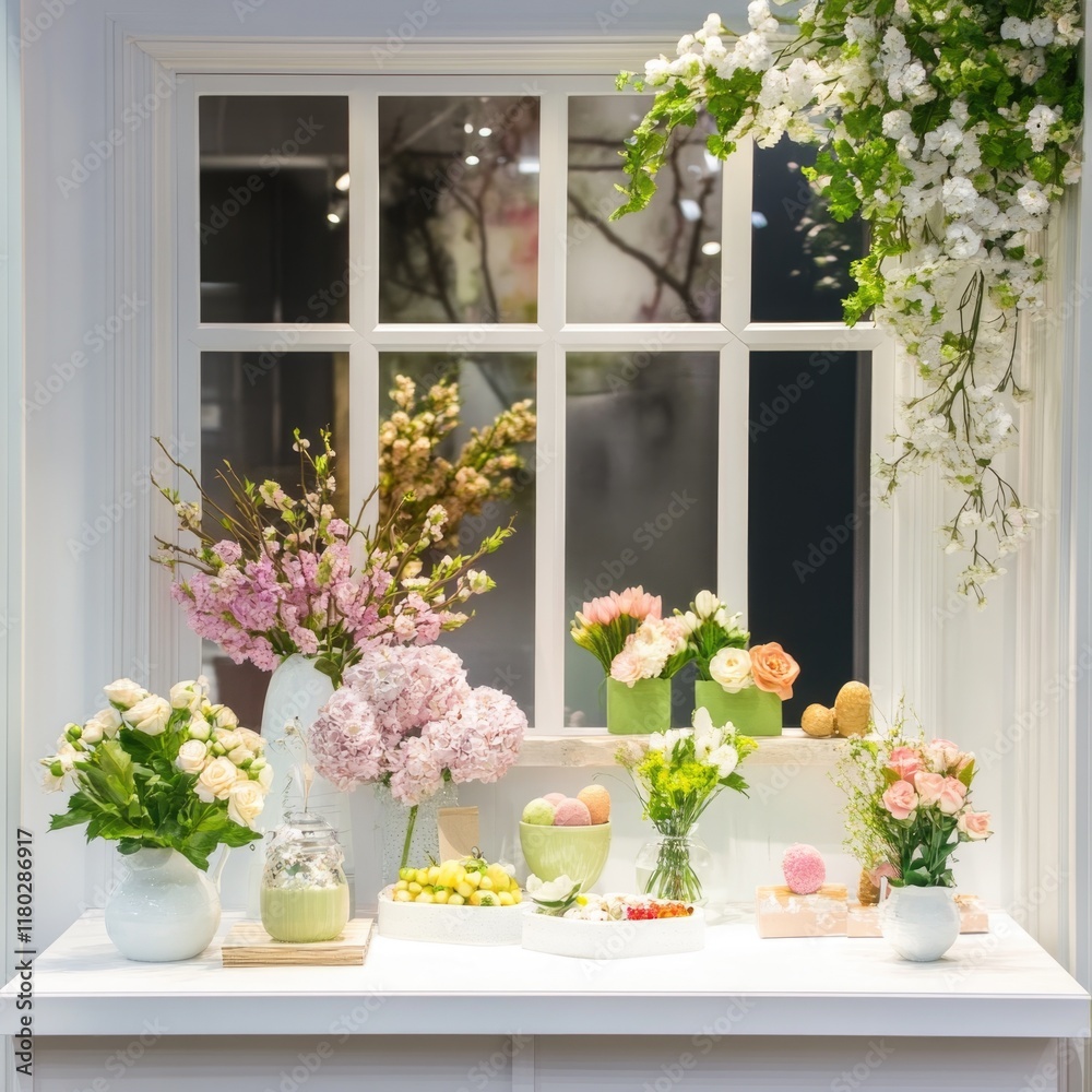 Fototapeta premium A decorative table setting with vases filled with flowers