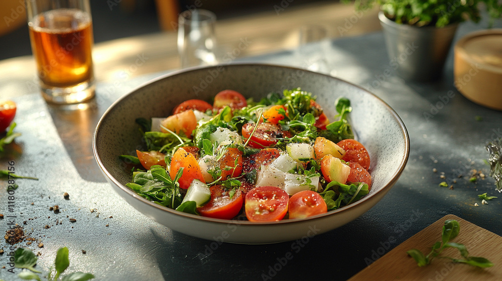 A single bowl of salad on a sunny dining table symbolizes mindful eating with a calm and peaceful ambiance, leaving room for captions on the side with blurred chaos in the background
A single bowl of salad on a sunny dining table symbolizes mindful eating with a calm and peaceful ambiance, leaving room for captions on the side with blurred chaos in the background