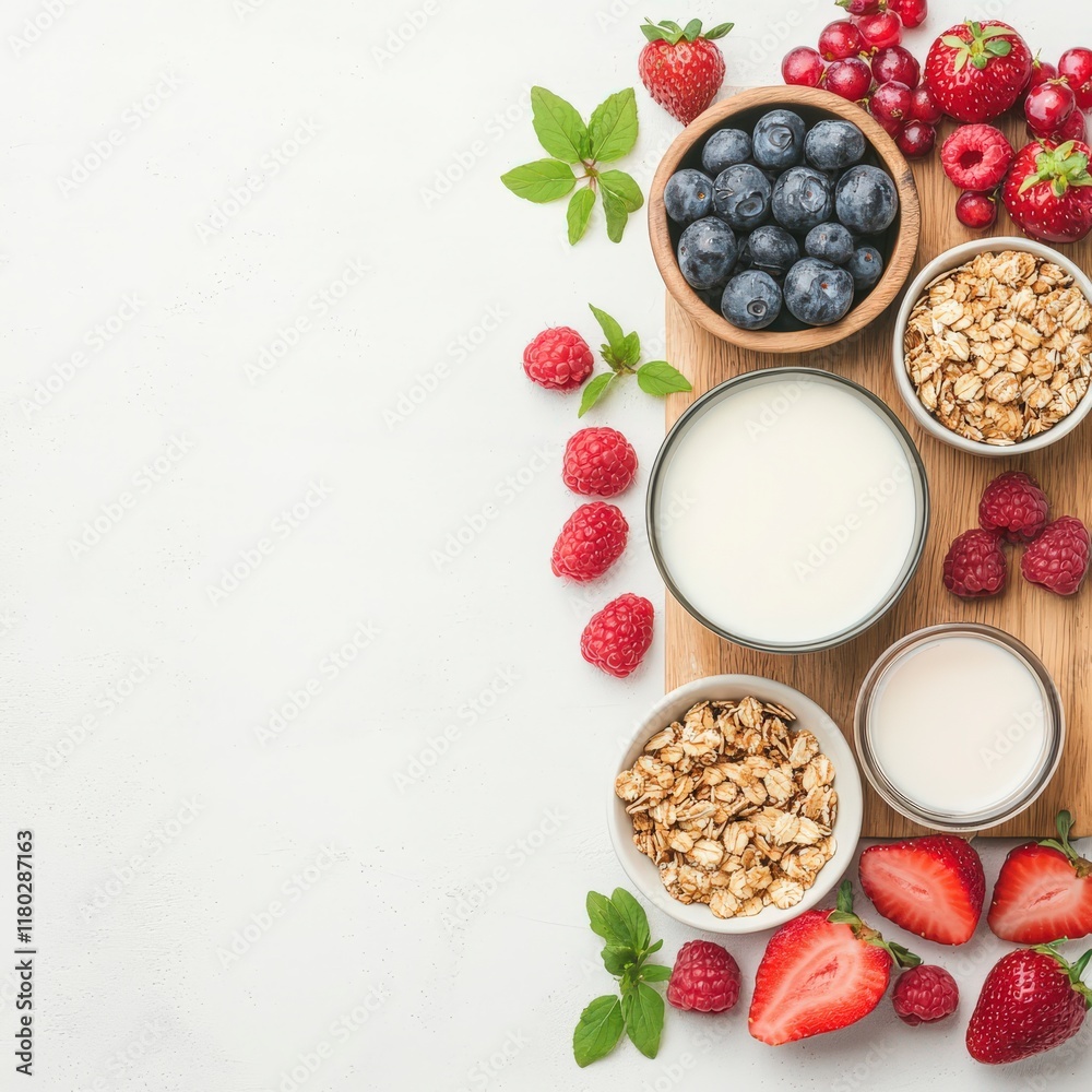 Fresh berries, yogurt, and granola arranged on a wooden board, creating a colorful and healthy breakfast or snack display. Fresh berries, yogurt, and granola arranged on a wooden board, creating a colorful and healthy breakfast or snack display.