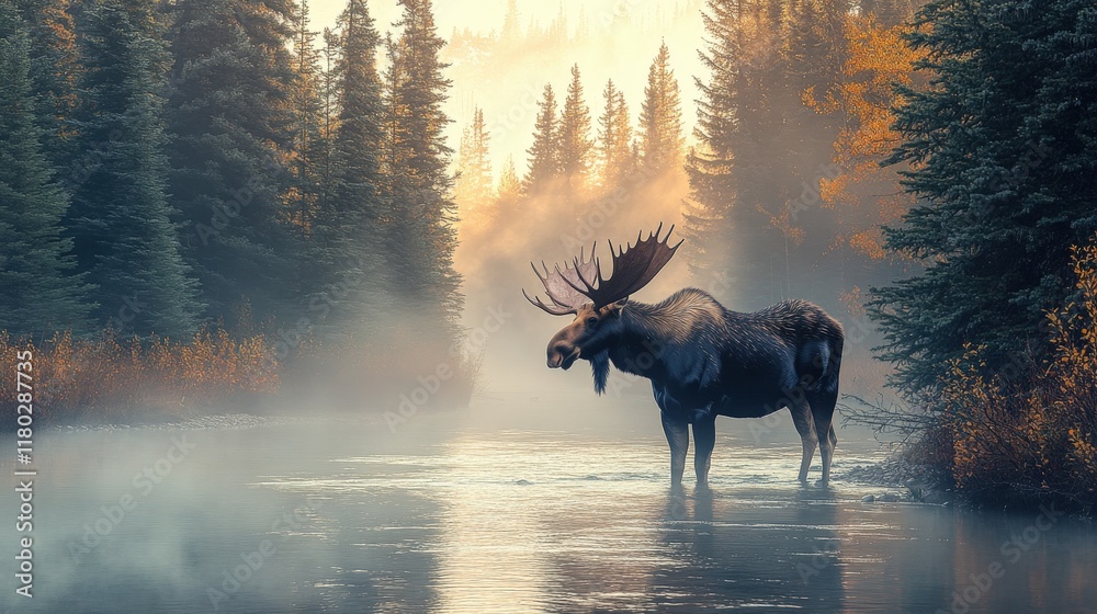 Majestic Moose in Misty Autumn Forest River Majestic Moose in Misty Autumn Forest River