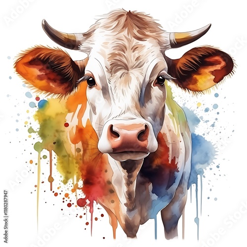 Colorful cow painting, farm animal watercolor illustration photo