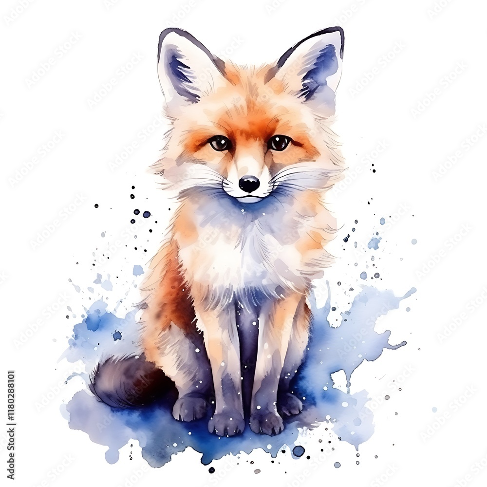 Obraz premium Watercolor fox sitting calmly on blue splashes