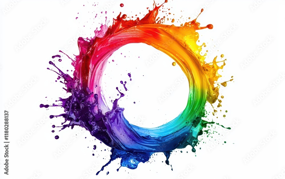 A circular rainbow splash effect with artistic paint strokes on a clean white background A circular rainbow splash effect with artistic paint strokes on a clean white background