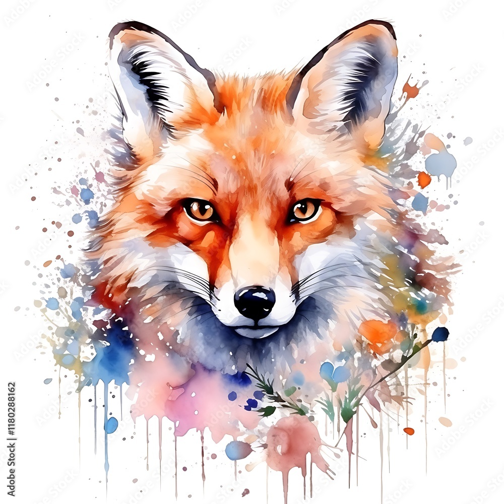 Naklejka premium Watercolor fox emerging from colorful splashes and flowers