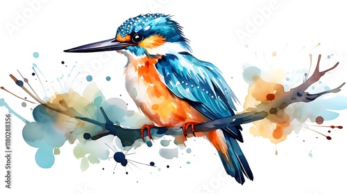 Colorful kingfisher bird perched on branch with watercolor splashes photo