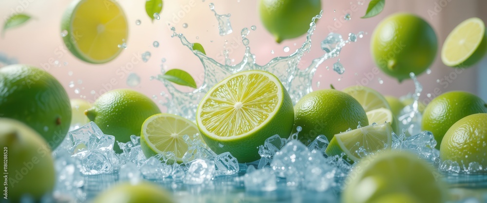 Limes falling with a splash of water and ice, pastel blurred background. Falling fruits concept for restaurants and bars menu Limes falling with a splash of water and ice, pastel blurred background. Falling fruits concept for restaurants and bars menu