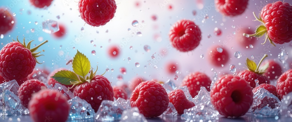 Raspberries and mint falling with a splash of water and ice, pastel blurred background. Falling fruits concept for restaurants and bars menu Raspberries and mint falling with a splash of water and ice, pastel blurred background. Falling fruits concept for restaurants and bars menu