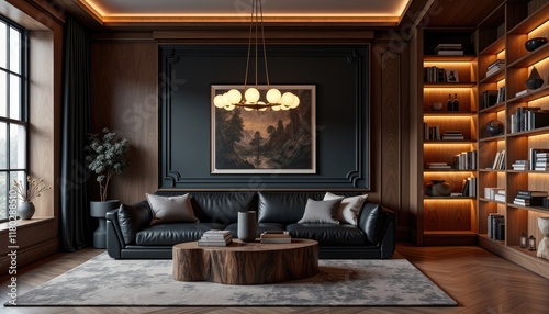 Modern art deco interior japandi living room with a large window, a black leather sofa, a wooden coffee table, and a painting on the wall.