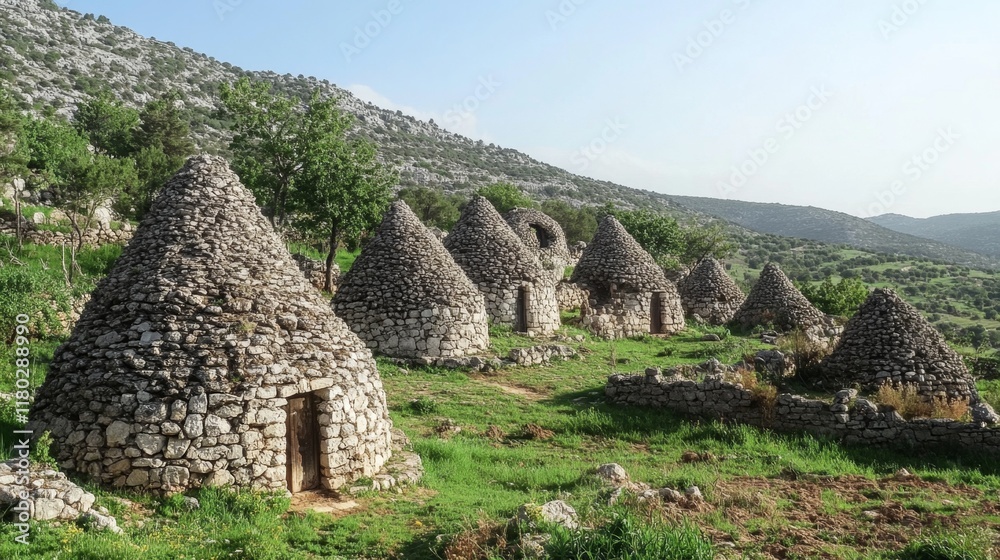 Ancient Stone Cone-Shaped Houses in the Mountains Ancient Stone Cone-Shaped Houses in the Mountains