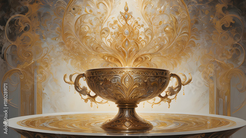 Ornate chalice amid swirling metallic hues of gold, silver, and bronze. photo