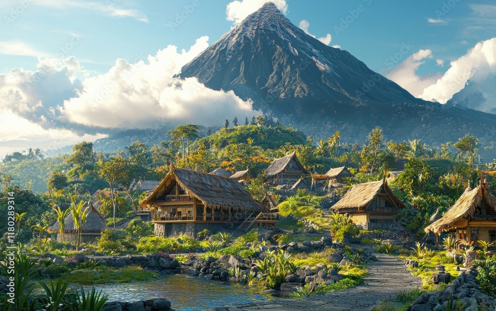 Fototapeta premium A peaceful village located at the foot of a towering volcano under a sunny sky