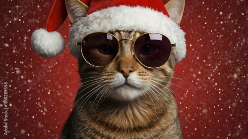 Christmas Cat, Christmas Cat wearing Santa hat near Santa Claus and Christmas tree, Cool Santa Claus Cat wearing glasses, Christmas Cat on Christmas Background