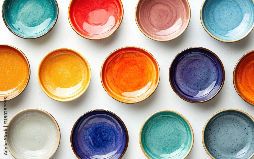 A set of colorful ceramic plates with smooth finishes and elegant designs placed neatly on a clean white background A set of colorful ceramic plates with smooth finishes and elegant designs placed neatly on a clean white background