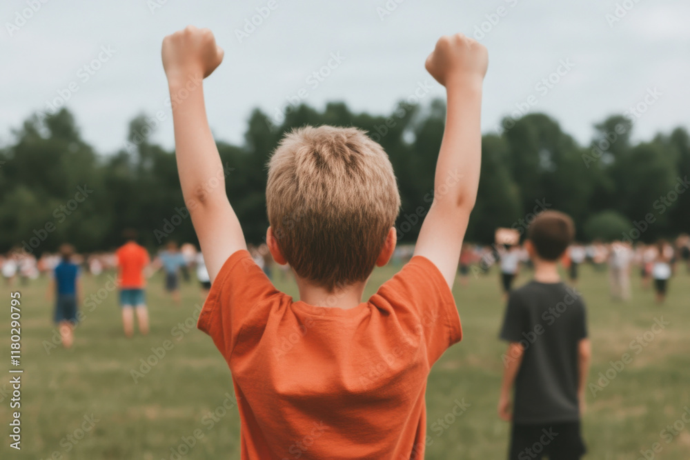 A boy in an orange shirt is standing in a field with his arms raised in the air A boy in an orange shirt is standing in a field with his arms raised in the air
