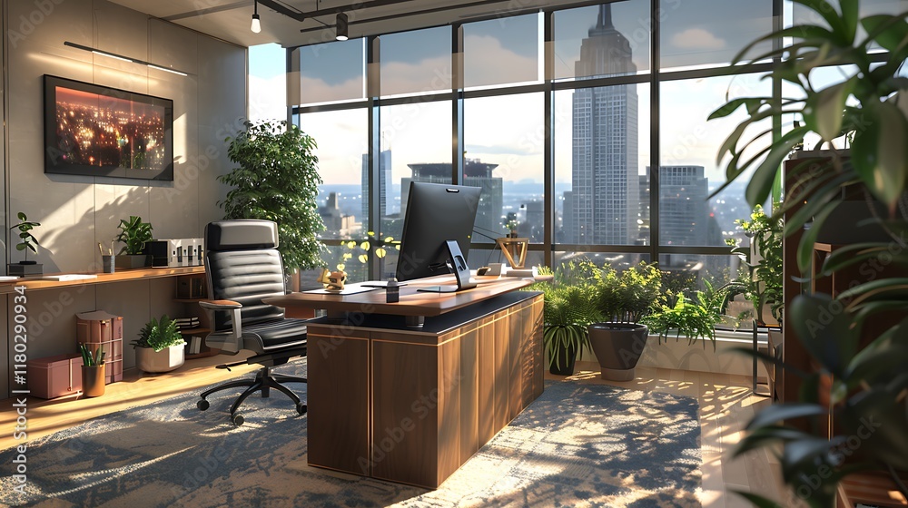 Modern Office Design With City View And Abundant Plants Modern Office Design With City View And Abundant Plants