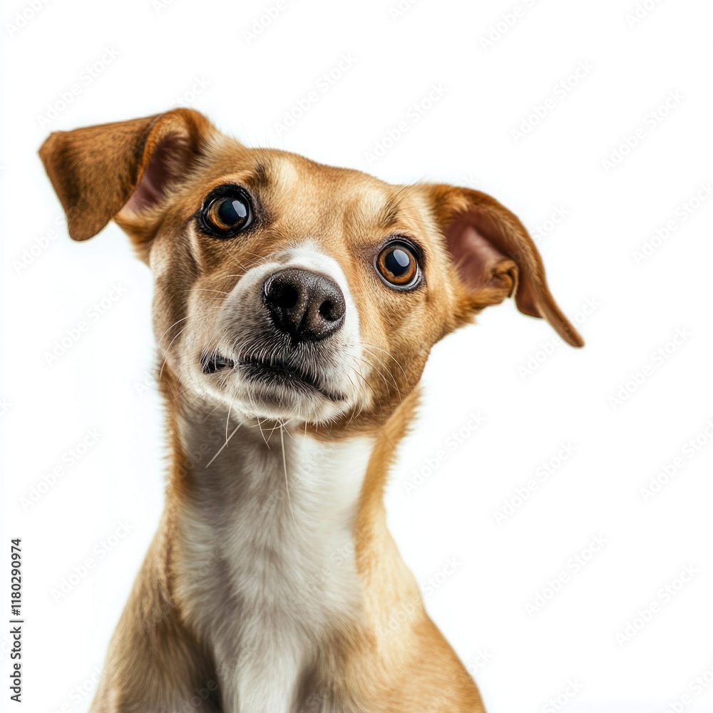 A curious brown and white dog looking directly into the camera A curious brown and white dog looking directly into the camera
