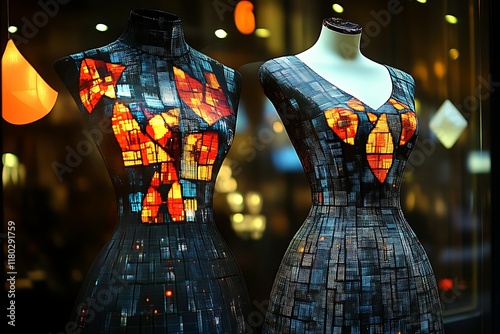 Two illuminated mosaic-style dress forms in a shop window.