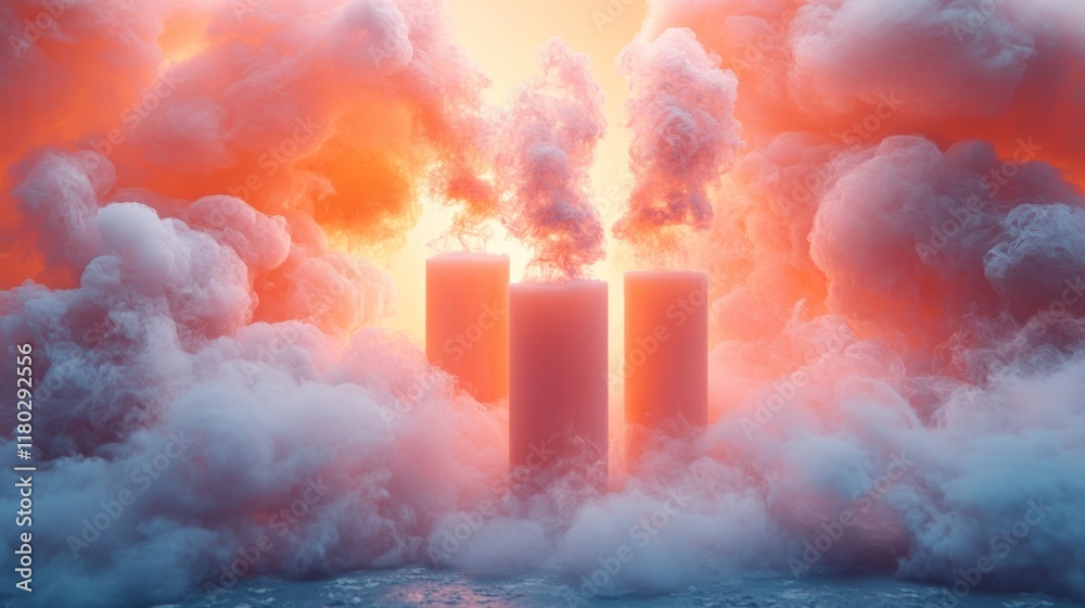 Fototapeta premium Colorful smoke rising from three chimneys