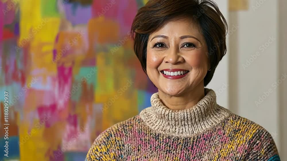 Smiling woman in cozy sweater poses in front of colorful abstract artwork in a bright room