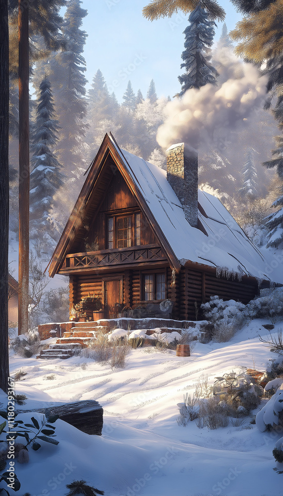 Fototapeta premium Gemütliches Holzhaus im verschneiten Winterwald bei sanftem Licht