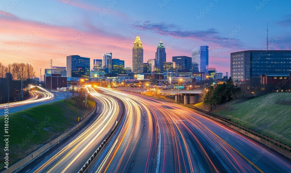 Cityscape at Twilight with Light Trails on Urban Highway Cityscape at Twilight with Light Trails on Urban Highway