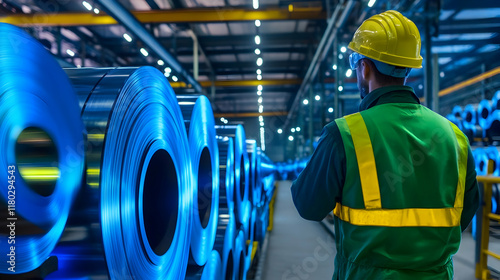 Wallpaper Mural Steel mill worker inspects coils, large metal rolls in background, industrial facility.  Use Industrial manufacturing, safety, workforce. Torontodigital.ca